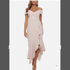 Xscape Plus Off-the-Shoulder Sweetheart Neck Ruffle Handkerchief Dress Blossom